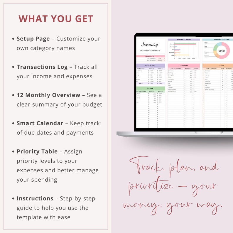 May include: A laptop displays a budget dashboard with colorful sections for income, expenses, and bills. Text on the left lists features like a setup page, transactions log, and smart calendar. The phrase "Track, plan, and prioritize - your money, your way" is written in cursive.