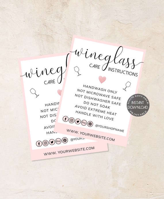 Wine Glass Care Cards Care Instructions Template Editable Etsy