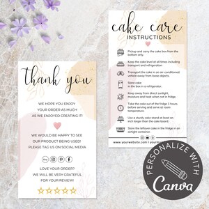 Verzorgingsinstructies voor de taart I Canva bewerkbare sjabloon, onderhoudskaart bruidstaart, bewerkbare handleiding taartverzorging, instructies voor taarten, bedankkaarten