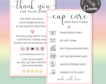 Cup Care Card Template | Tumbler Care Printable | Small Business Thank You Cards