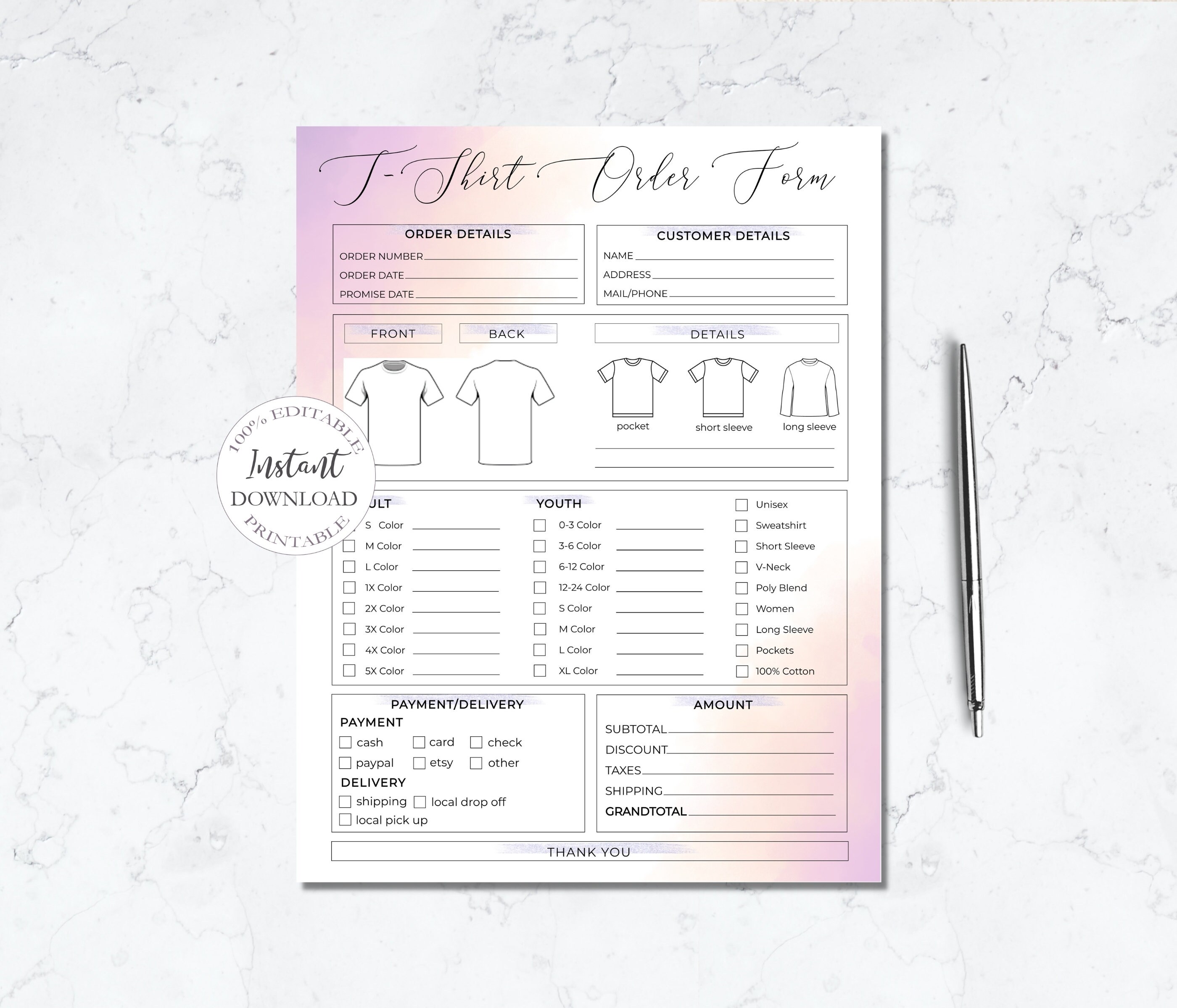 custom shirt order form template editable shirt order form etsy
