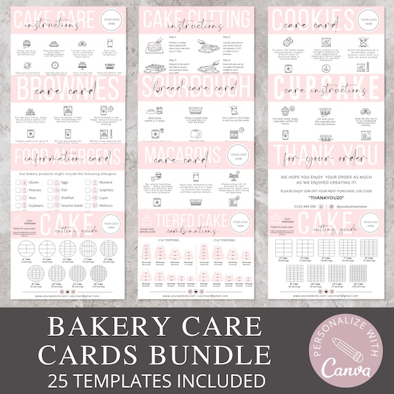 Bakery Care Cards Bundle | Editable Canva Template for Small Business | Macarons, Sourdough, Cupcake, Cookie, Cake Care and Cutting Guide