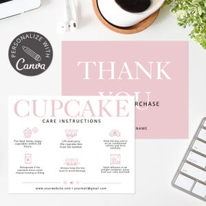 Small Business Cupcake Care Card | Editable Canva Template | Bakery Care Instructions with Thank You Card I Cupcake Instructions Card