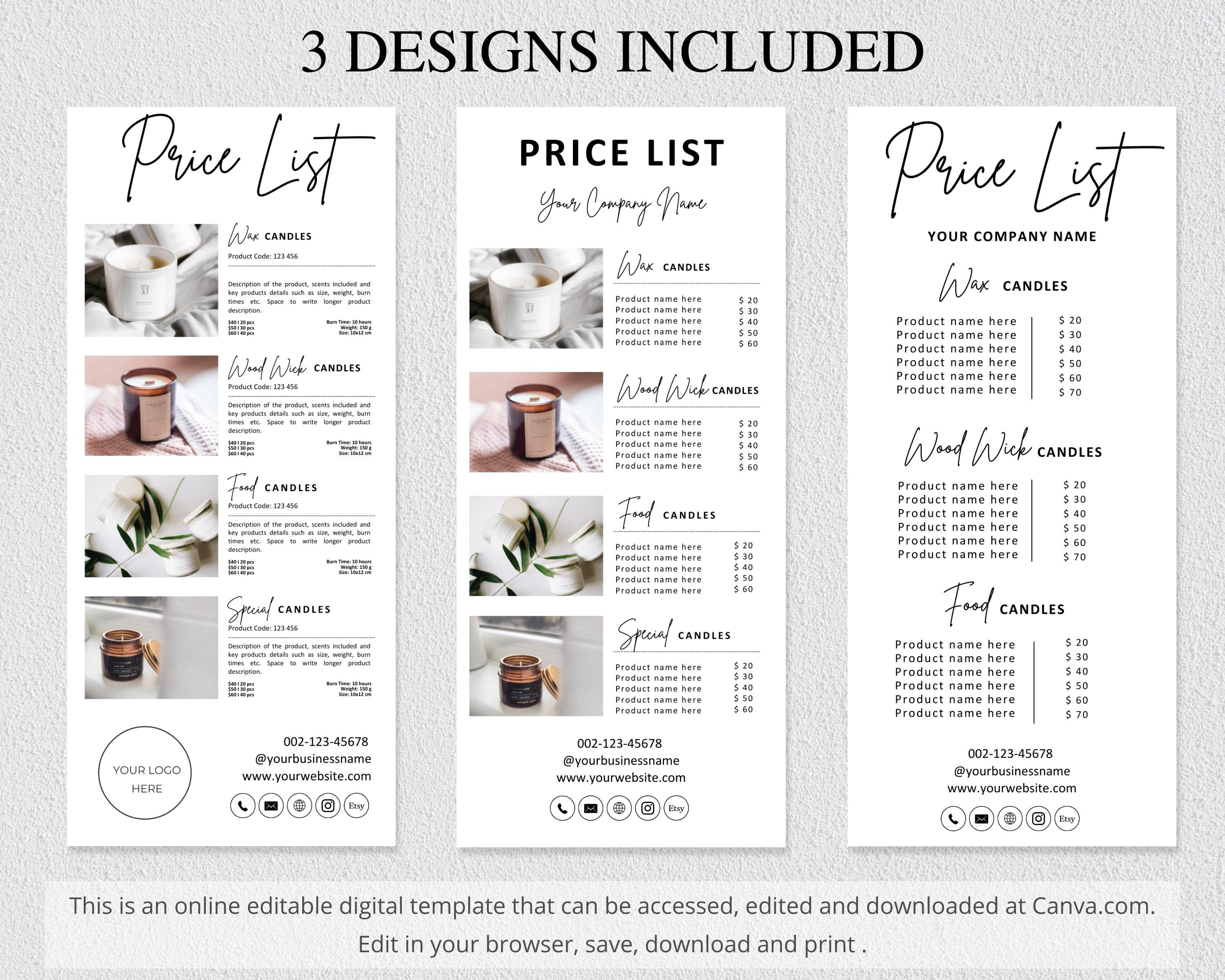 Candle Price List Template Canva Editable Bakery Price List Etsy UK
