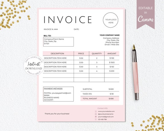 Editable Invoice Template for Small Business Digital Order | Etsy