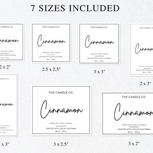 May include: Seven different sizes of candle label templates featuring the text "The Candle Co." and "Cinnamon" in a handwritten font. The labels are black and white and include the text "100% Soy Wax Candle" and "Crafted with Love in California".