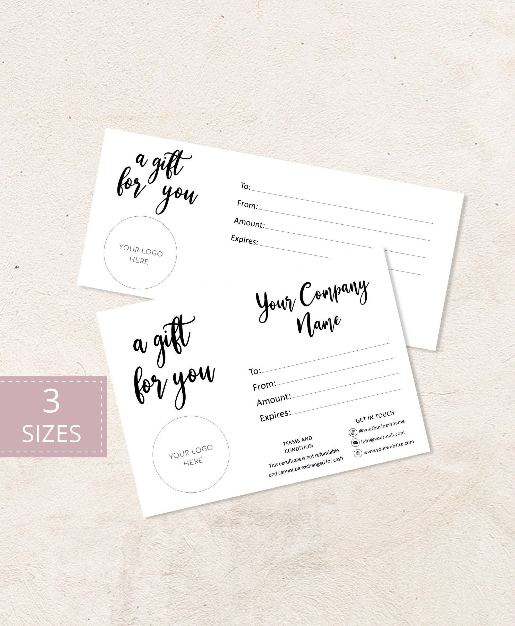 Editable Gift Cards, Etsy Gift Card, Gift Certificate Digital File, Printable Small Business Templates, Add Your Logo, 3 Sizes Card. DTP-028