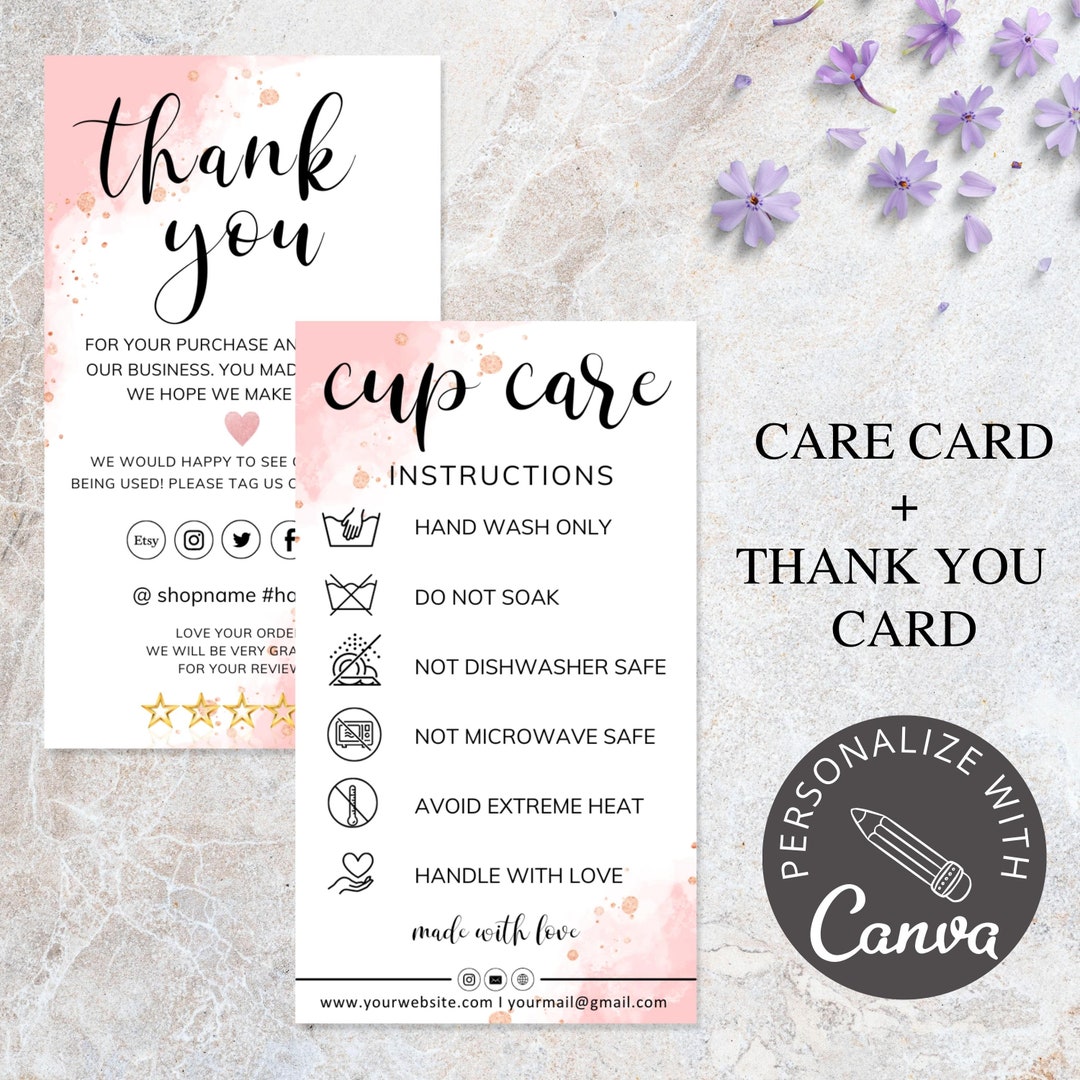 Cup Care Instructions I Editable Canva Template I Cup Thank You Card I ...