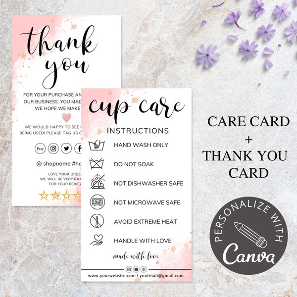 Cup Care Instructions I Editable Canva Template I Cup Thank You Card I Tumbler Care Cards I Custom Cup Care Cards, Small Business Cards.