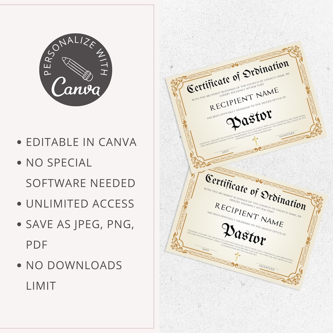 Editable Ordination Application Form Editable Pastor Ordination Certificate Template, Printable Canva ...