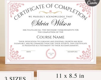 Certificate Of Completion I Editable Canva Template, Course Certificate Of Completion, Training Course Certificate, Beauty Award Certificate