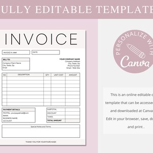 以下が含まれることがあります： 「INVOICE」という単語が上部に太字で書かれた白黒の印刷可能な請求書テンプレート。テンプレートには、請求書番号、日付、請求先、説明、数量、単価、金額、小計、割引、税金、合計金額のフィールドが含まれています。テンプレートには、支払い詳細、特別な注意事項と条件、および感謝のメッセージのセクションも含まれています。