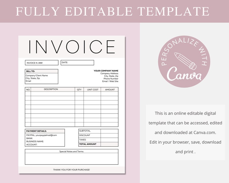 以下が含まれることがあります： 「INVOICE」という単語が上部に太字で書かれた白黒の印刷可能な請求書テンプレート。テンプレートには、請求書番号、日付、請求先、説明、数量、単価、金額、小計、割引、税金、合計金額のフィールドが含まれています。テンプレートには、支払い詳細、特別な注意事項と条件、および感謝のメッセージのセクションも含まれています。