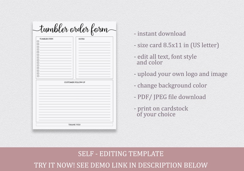 tumbler order form editable custom tumbler order form etsy