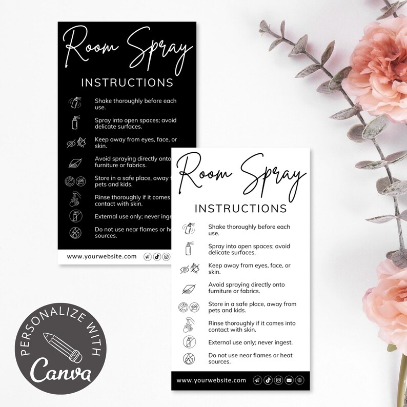 room spray diffuser, care card, canva template, care instructions