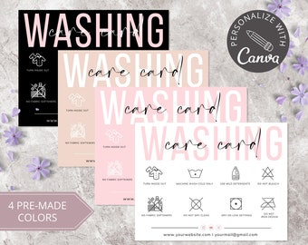 Tarjeta de instrucciones de lavado I Plantilla editable de Canva I Tarjeta de inserción de camiseta de la tienda Etsy I Inserción de empaque imprimible I Tarjeta de presentación pequeña