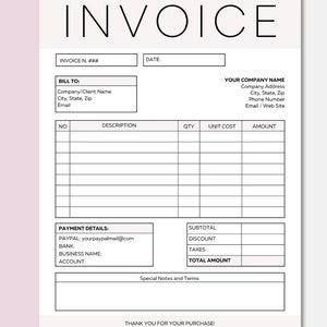 以下が含まれることがあります： 上部に太字で大きなフォントで「INVOICE」という単語が書かれた白黒の印刷可能な請求書テンプレート。テンプレートには、請求書番号、日付、請求先、説明、数量、単価、金額、小計、割引、税金、合計金額、および特別な注意事項と条件のフィールドが含まれています。