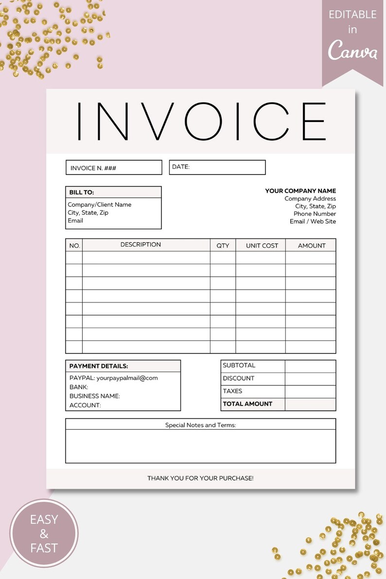 以下が含まれることがあります： 上部に太字で大きなフォントで「INVOICE」という単語が書かれた白黒の印刷可能な請求書テンプレート。テンプレートには、請求書番号、日付、請求先、説明、数量、単価、金額、小計、割引、税金、合計金額、および特別な注意事項と条件のフィールドが含まれています。