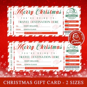 Modèle modifiable de carte d'embarquement de Noël I, billet de Noël imprimable, idée de cadeau de Noël de billet d'avion, voyage surprise.