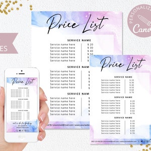 Modelo de lista de preços, modelo editável do Canva, lista de preços de salão de beleza faça você mesmo, lista de preços de beleza, guia de preços, lista de preços do Instagram. DTP-003