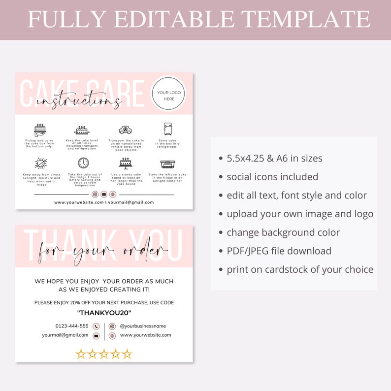 cake care card, instant download, cake cutting guide, care instructions, small business, cake cutting set, canva template, bakery care card, cake care guide, cake portion guide, cake business, thank you cards, editable template