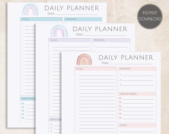Rainbow Daily Planner Printable • 3 Pastel Colors • A4, A5, US Letter • Healthy Habits, Gratitude, To Do List Planners • PDF Planner