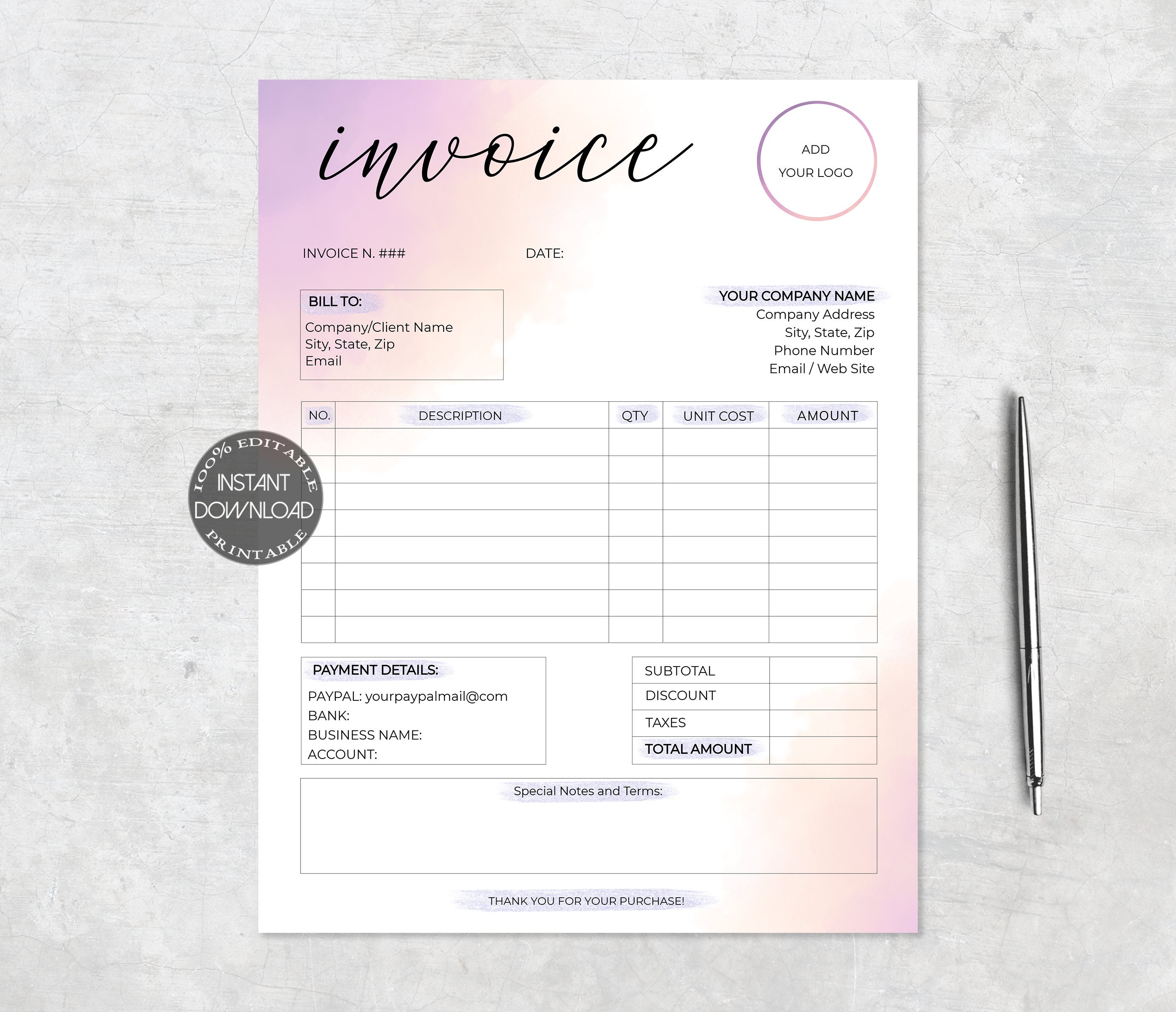 invoice template editable order form invoice small business etsy