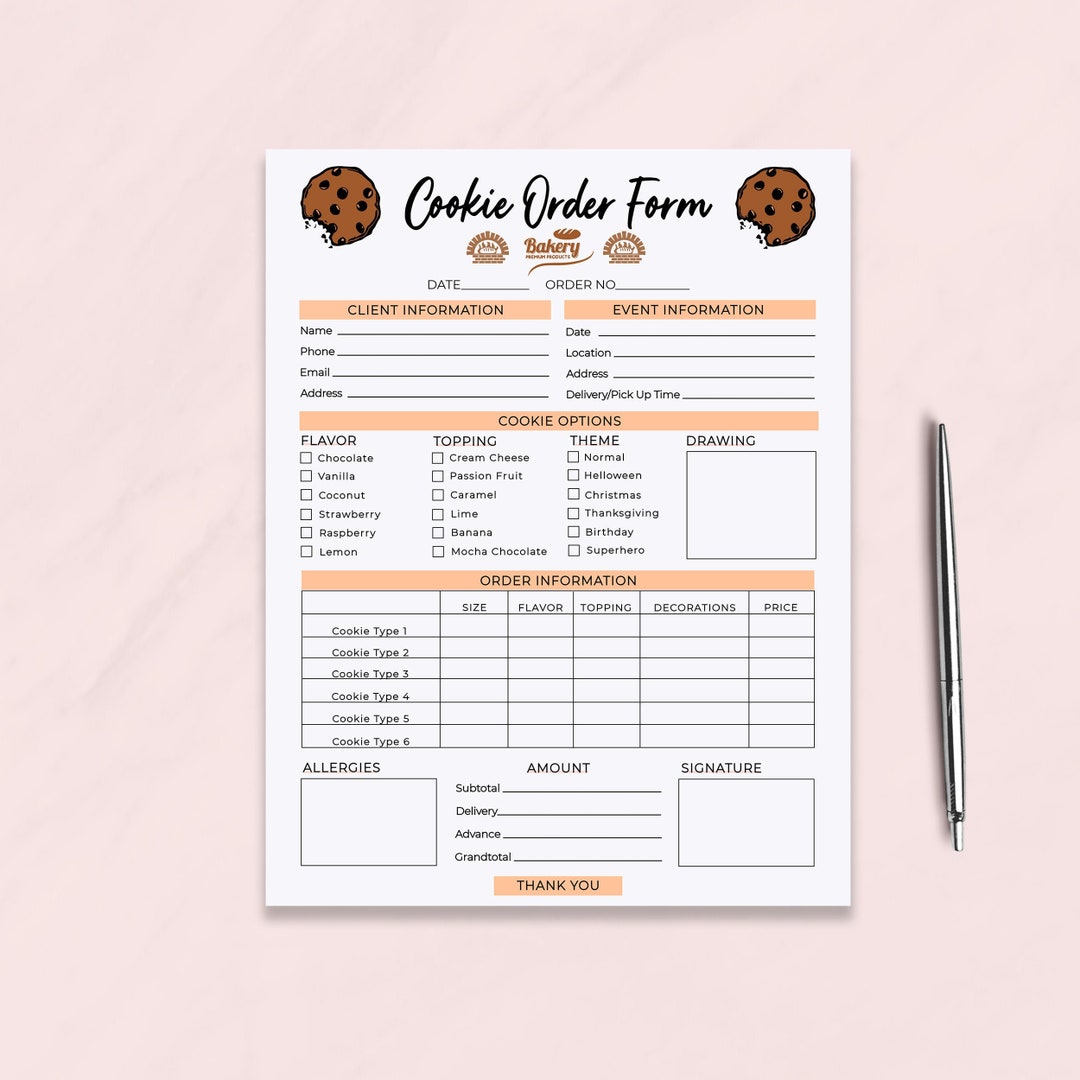 Cookie Order Form Template Bakery Order Form Receipt Small Etsy UK