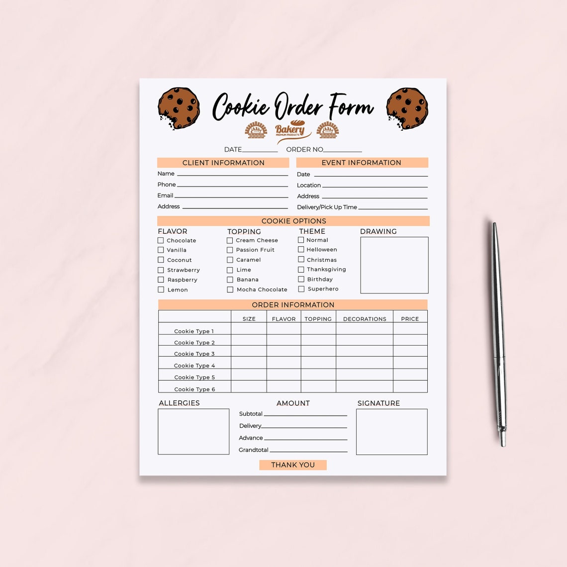 Cookie Order Form Template Bakery Order Form Receipt Small Etsy