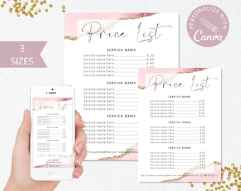 Pode incluir: Um modelo de lista de preços rosa e dourado com o texto "Price List" em uma fonte manuscrita. O modelo é projetado para uso com Canva e inclui espaço para listar serviços e preços.