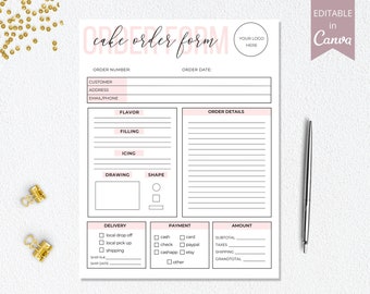 May include: A printable cake order form with sections for customer information, order details, delivery, payment, and amount. The form has a pink and white color scheme and includes fields for flavor, filling, icing, drawing, shape, and other details.