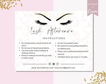 Modèle modifiable de carte de soin des cils, instructions d'entretien imprimables pour les extensions de cils, cartes de soin des cils, modèle Canva entièrement modifiable. DTP-030