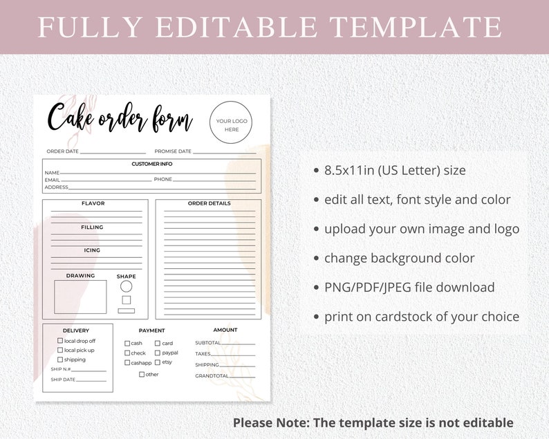 Cake Order Form Editable Canva Template Bakery Order Form - Etsy