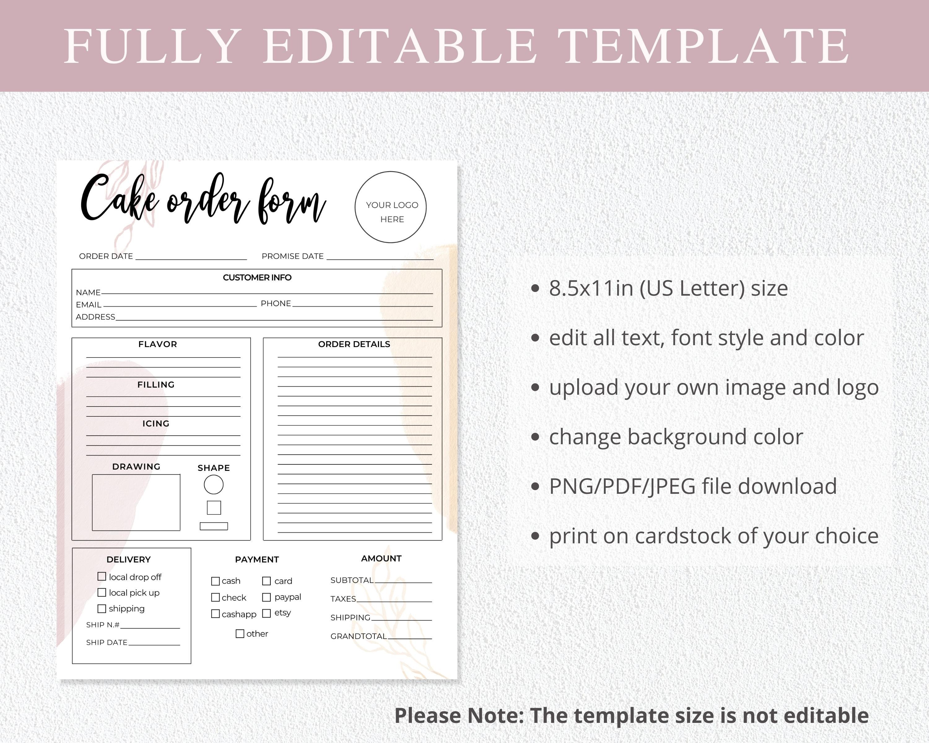 Cake Order Form, Editable Canva Template, Bakery Order Form Printable ...