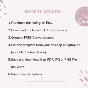 May include: A pink and white graphic with the text "HOW IT WORKS" and a list of six steps on how to personalize a template using Canva. The graphic also includes a pink circle with a pencil icon and the text "PERSONALIZE WITH Canva".