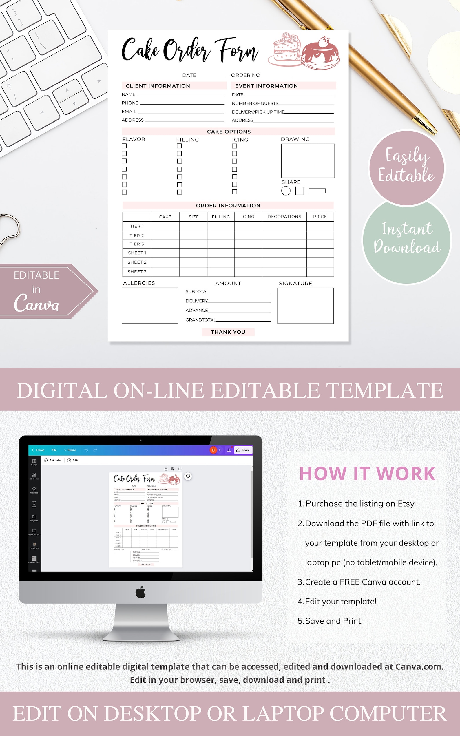 Cake Order Form Template | Editable Canva Template I Bakery Order Form ...