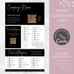 Food Allergens Care Instructions I Editable Canva Template, Printable Bakery Allergy Warning, Cake Care Warning Cards, Food Allergy Card