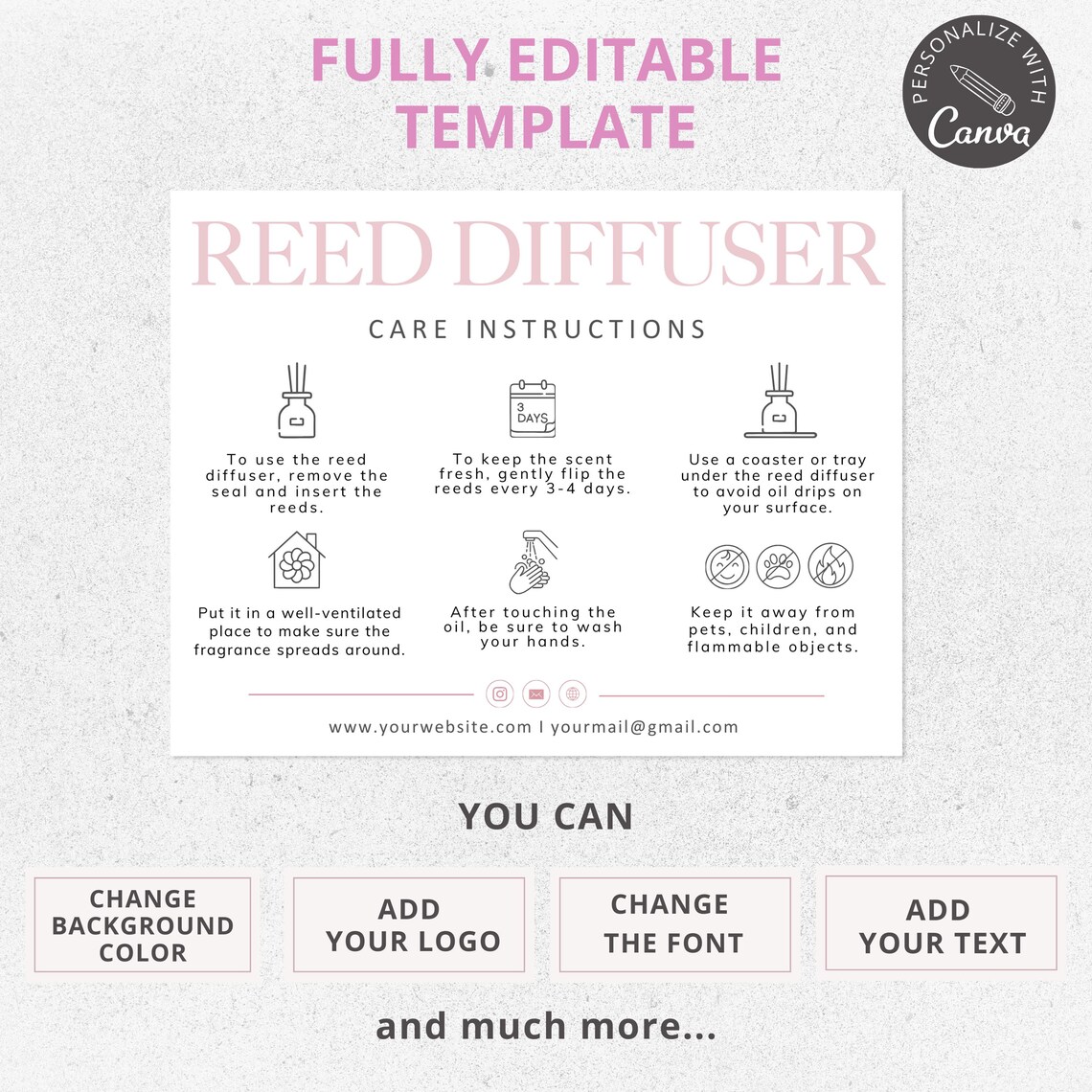 Reed Diffuser Care Instructions - Editable Canva Template, Care Cards ...