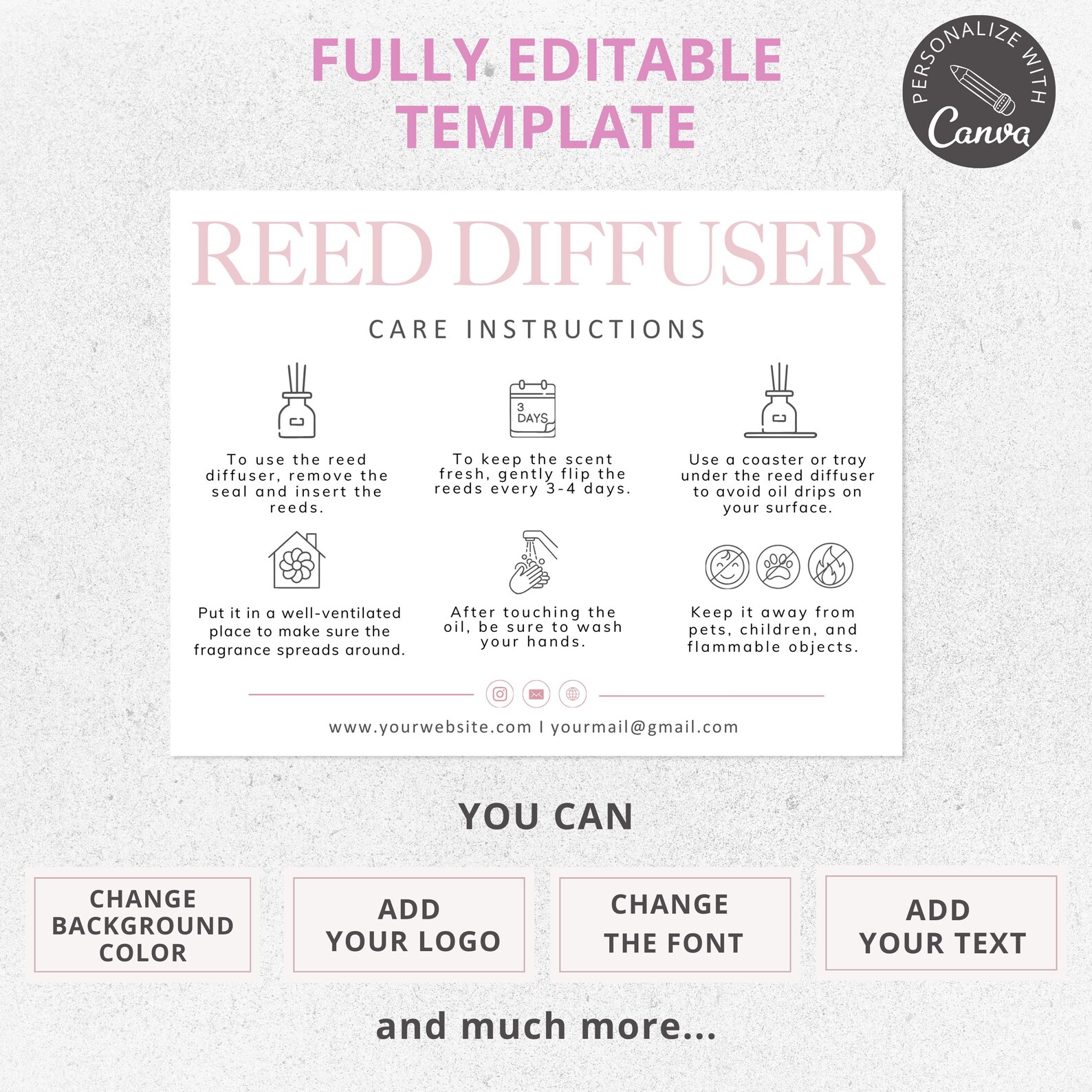 Reed Diffuser Care Instructions - Editable Canva Template, Care Cards ...