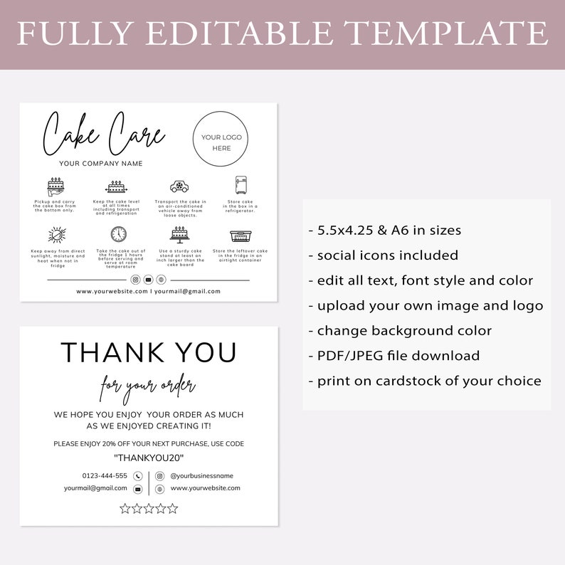Cake Cutting Set I Editable Canva Template I Cake Care Card, Care ...