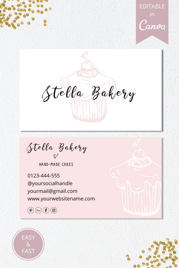 Bakery Business Card Template, Editable Handmade Cakes Business Card, Pink Business  Cards Printable, Fully Editable Canva Template. DTP-025 