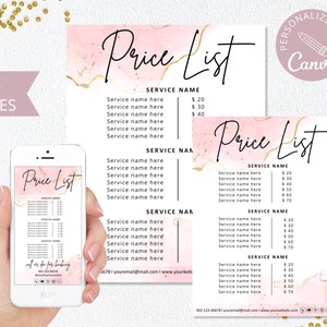 Modelo de lista de preços, lista de preços de cabelo DIY editável do Canva, lista de preços de beleza, guia de preços de negócios, folha de preços de padaria rosa. DTP-003