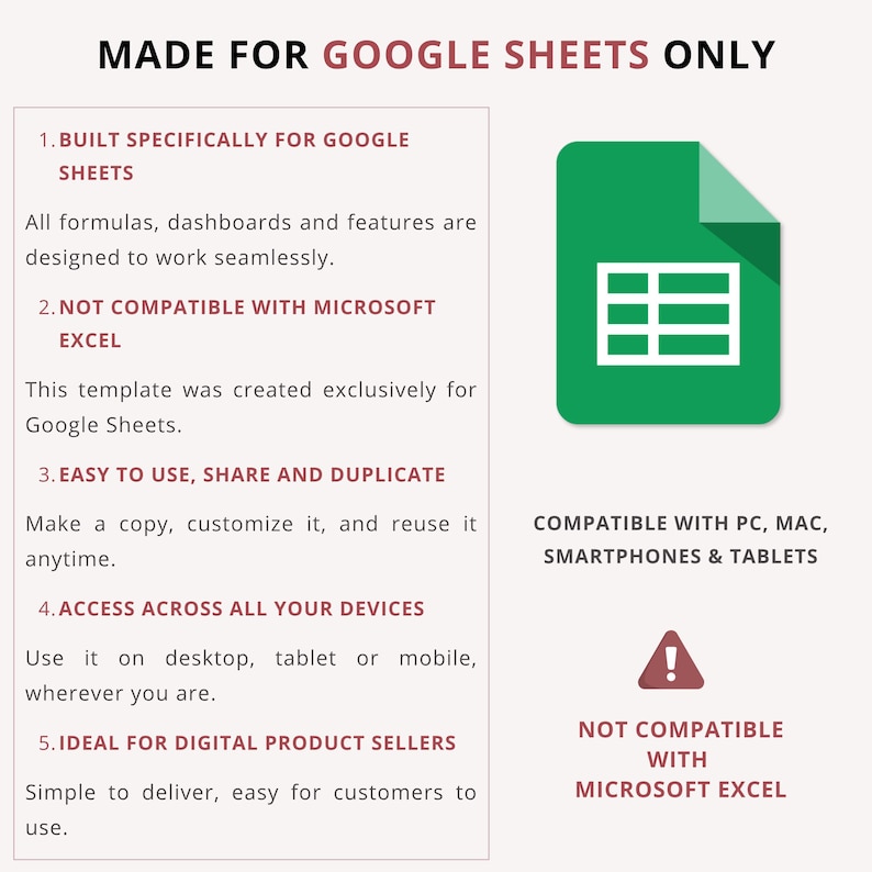 May include: A graphic promoting a Google Sheets template. The image features a green document icon with a white grid, alongside text highlighting features like compatibility with PC, Mac, and mobile devices. The text also states it is not compatible with Microsoft Excel.
