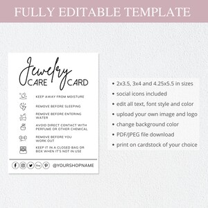 canva template, jewelry care card, jewelry packaging, care instructions