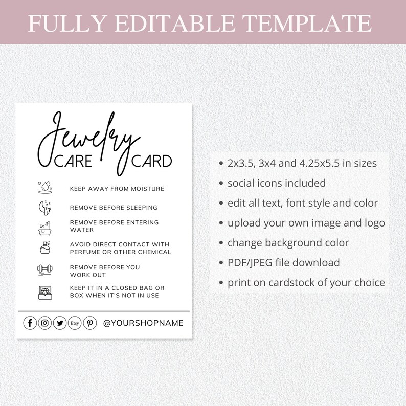 canva template, jewelry care card, jewelry packaging, care instructions
