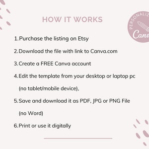 Puede incluir: Un gr&aacute;fico rosa y blanco con el texto "HOW IT WORKS" y una lista de seis pasos para usar una plantilla de Canva. Los pasos incluyen comprar la lista en Etsy, descargar el archivo con un enlace a Canva.com, crear una cuenta gratuita de Canva, editar la plantilla desde un ordenador de sobremesa o un port&aacute;til, guardar y descargar el archivo como PDF, JPG o PNG, e imprimir o usar el archivo digitalmente. El gr&aacute;fico tambi&eacute;n incluye un logotipo de Canva con un icono de l&aacute;piz.