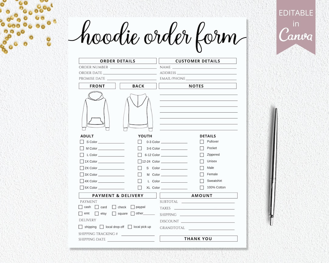 Hoodie Order Form Template I Editable Canva Invoice Template I T-shirt ...