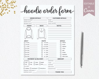 Hoodie Order Form Template I Editable Canva Invoice Template I T-Shirt Small Business Form i Custom Order Form Printable I Crafters Forms.
