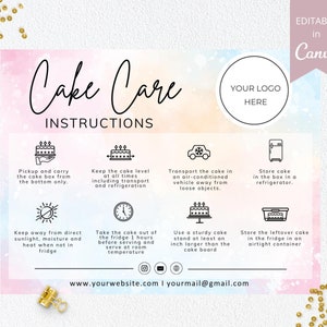 Plantilla de tarjeta para el cuidado de tartas, tarjetas editables de Canva para el cuidado de tartas de boda, guía imprimible para el cuidado de tartas, instrucciones para tartas, descarga instantánea. DTP-031