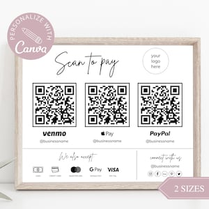QR-Code-Zeichen I bearbeitbare Canva-Vorlage, Scan-To-Pay-Vorlage, Zahlungszeichen, CashApp PayPal-Zeichen für kleine Unternehmen, Venmo-Zahlung druckbar.